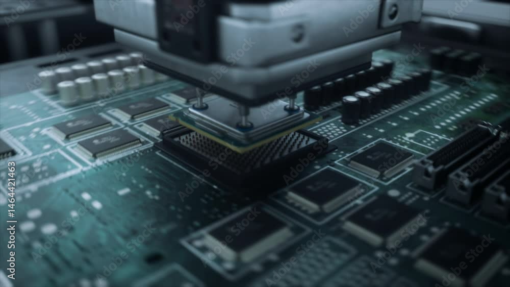 Poster Industrial Robots Producing Circuit Boards on a Conveyor Belt, Implementing Microchips. PCB Printing and Prototyping Manufacture Concept with Digital Visualization with Information and Data Flow Lines
