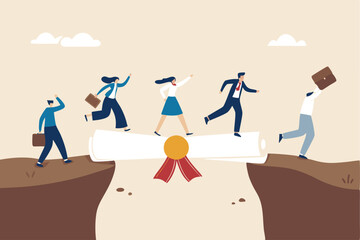 Education or business degree to help career growth, skill or knowledge for opportunity, training or diploma concept, businessman and woman walk on education degree scroll as bridge to cross the gap.