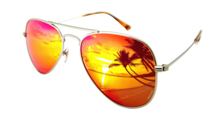 Stunning aviator sunglasses reflecting a vibrant sunset on a tropical beach with palm trees