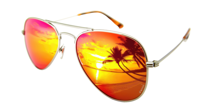 Stunning aviator sunglasses reflecting a vibrant sunset on a tropical beach with palm trees