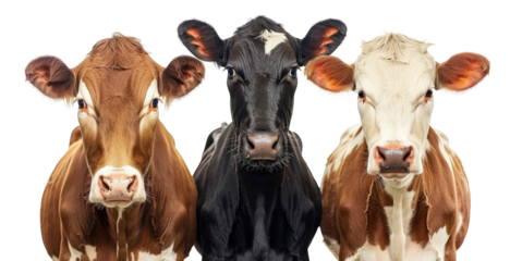 Three cows with distinct colors and patterns standing together on a transparent background