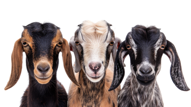 Cute goats with unique markings standing together in front of a transparent background ready for interaction or display