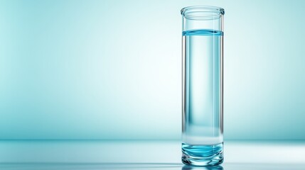 A clear test tube filled with pristine blue water, elegantly placed on a smooth surface, reflecting light, and showcasing the simplicity of liquid forms against a serene backdrop.