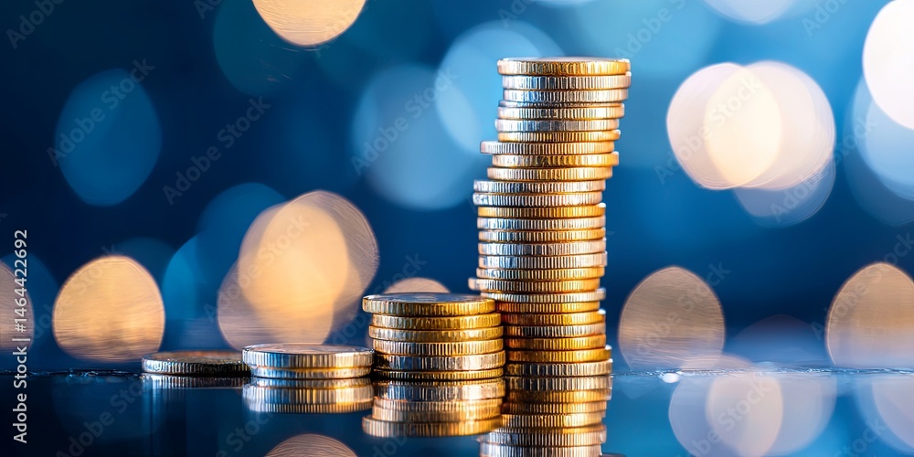 Poster stacked coins forming a tall column on a reflective surface with a soft blue background and bokeh ef