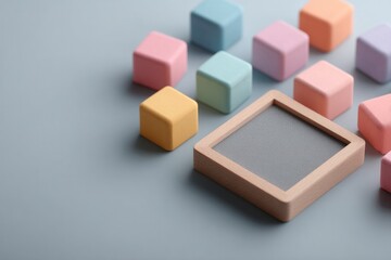 selection of colorful educational toys spread across clean background with ample copy space