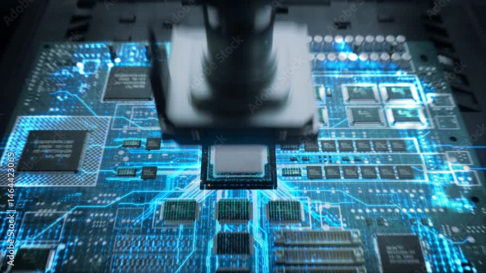 Aufkleber Futuristic High-Tech Concept Visualization: Automated Factory Floor with Robotic Arms Producing Computer Components. Animated Digital Lines Connect into an AI Symbol on a Circuit Board Microchip