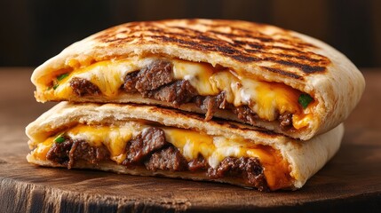An appetizing burrito showcases succulent beef and layers of melted cheese, perfectly grilled to perfection and enticing the senses with its rich flavor and texture.
