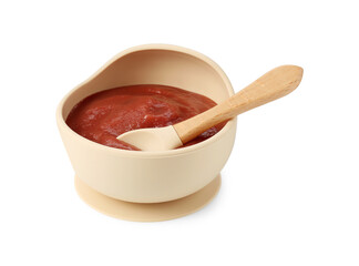 Baby food. Tasty puree in bowl and spoon isolated on white