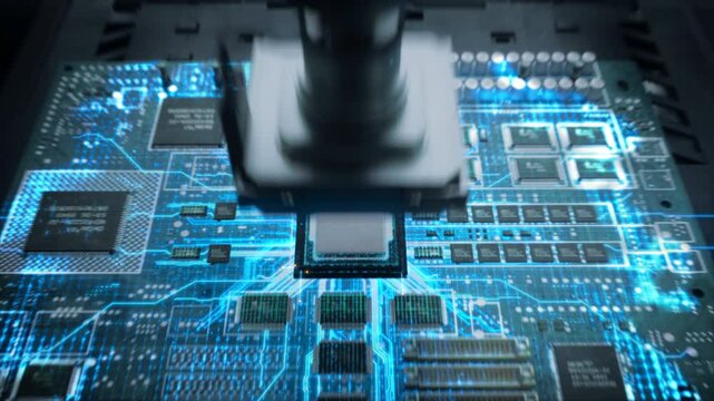Futuristic High-Tech Concept Visualization: Automated Factory Floor with Robotic Arms Producing Computer Components. Animated Digital Lines Connect into an AI Symbol on a Circuit Board Microchip