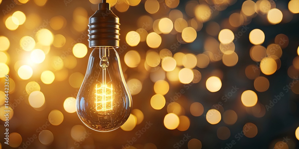 Aufkleber brightly glowing vintage light bulb against a beautiful background of warm bokeh lights creating a c