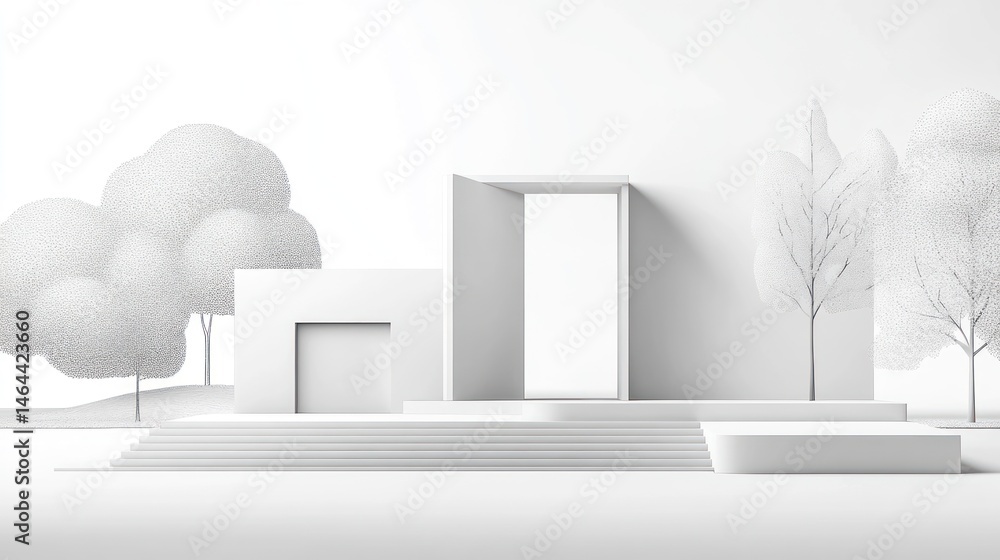 Poster modern minimalist architecture scene with steps and trees