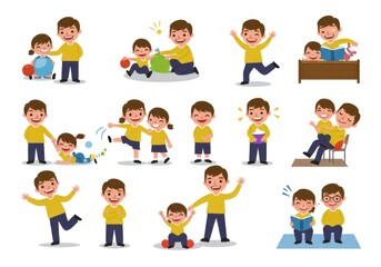 Illustrations showing a father and daughter in various activities and expressions on a white background