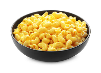 Delicious pasta with cheese sauce in bowl isolated on white