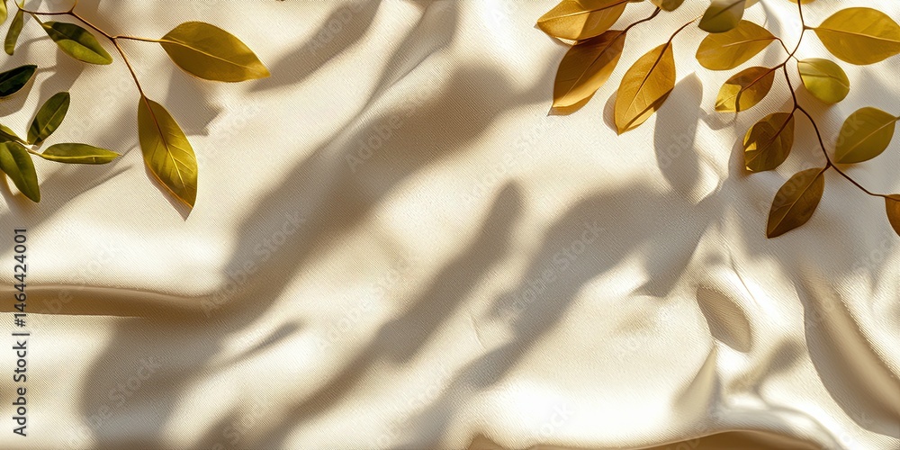 Poster soft natural light and delicate shadows cast by leaves on a textured fabric background creating a se