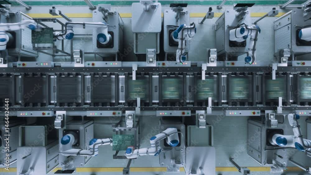 Poster Top Down Footage with Automated Factory Floor with Robotic Arms Producing Computer Components, Fabricating Circuit Boards with Microchips. Futuristic AI Manufacturing of Robotics. Static Shot