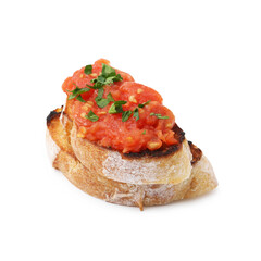 Tasty bread with tomato and parsley isolated on white