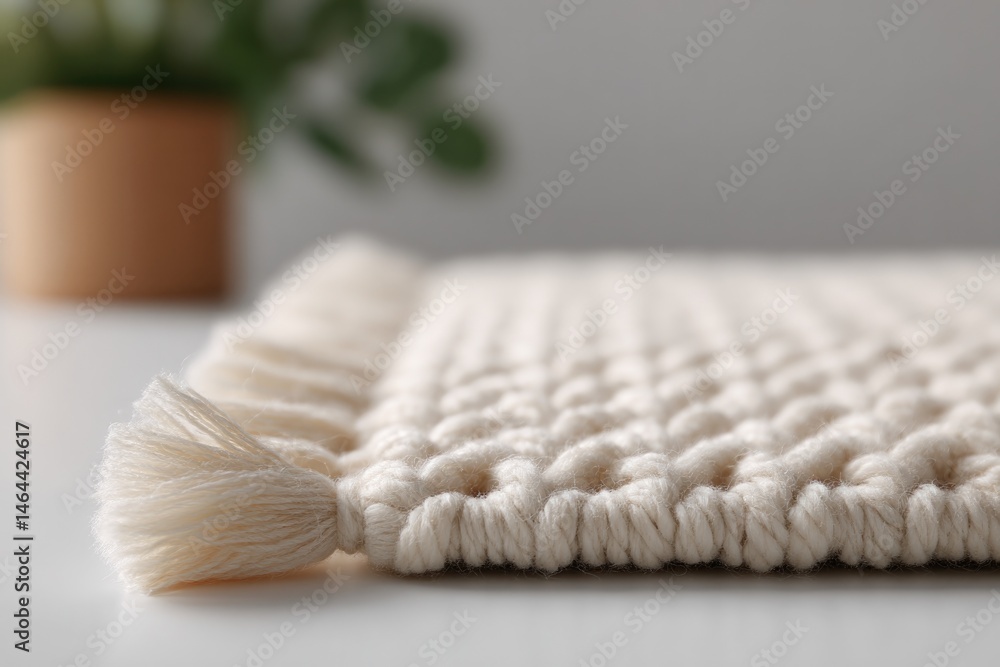 Poster single woven rug set on pristine white surface capturing its intricate patterns and texture minimali