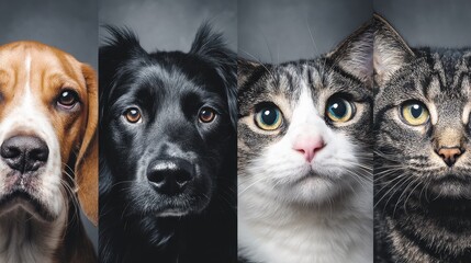 Close-up portraits of four different pets, a dog and three cats.