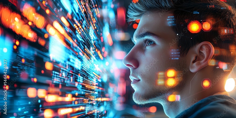 Aufkleber Young man gazing intently at digital data streams and vibrant lights representing technology, innovation, and the pursuit of knowledge in a futuristic environment