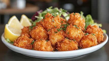 Fototapeta premium Crispy, golden-brown bites atop a bed of greens, lemon slices