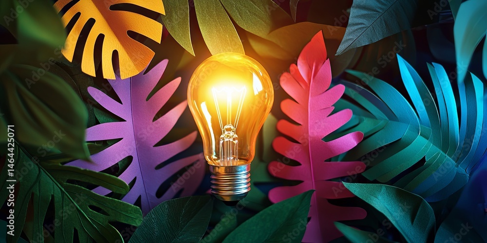 Poster a beautifully crafted light bulb surrounded by colorful paper leaves in a vibrant and artistic jungl