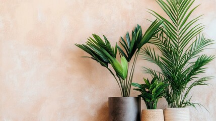 Close-up of palm fronds against a neutral wall.