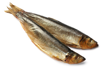 Two tasty smoked herrings on white background, above view