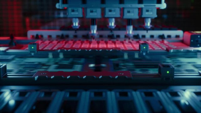 Close Up Macro Footage of Electronic Printed Circuit Board Being Assembled with Automated Robotic Arm, Surface Mounted Technology Connecting Microchips, Semiconductors, Capacitors to the Motherboard