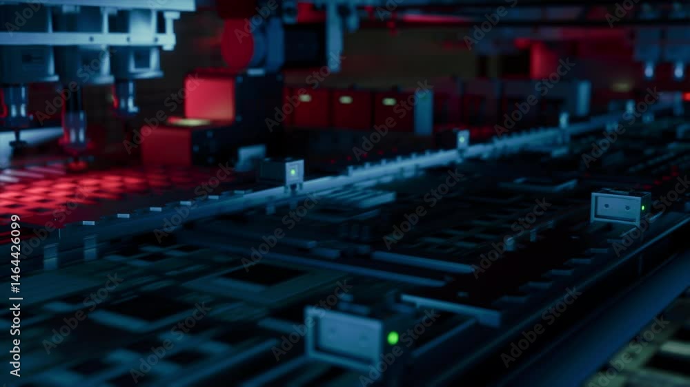 Poster Industrial Robots Producing Circuit Boards on a Conveyor Belt, Implementing Electronic Components. Automation Without Technicians and Engineers in a Futuristic Manufacturing Facility
