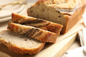 Pieces of banana bread on table, closeup