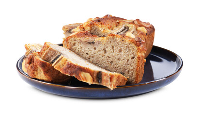 Cut banana bread with nuts isolated on white