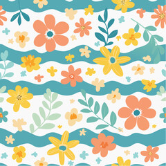 Vector seamless pattern in simple floral wavy and groovy naive style, ocean and vacation theme, flowers and plants, floral botanic hand drawn design templates, modern art prints, surface ...