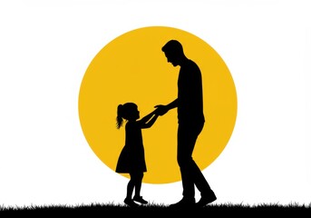 Silhouette of father and daughter holding hands with yellow circle in the background outdoor scene