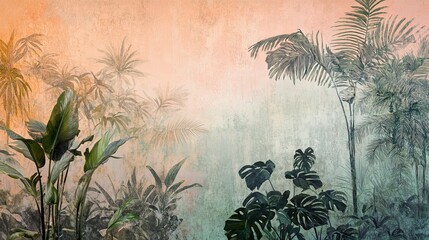 A variety of tropical plants against a soft pastel-colored wall.