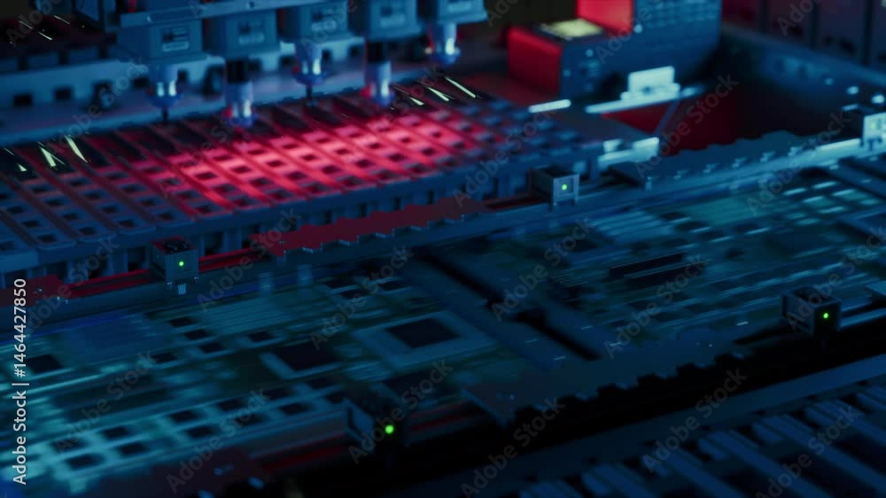 Aufkleber PCB Production Machine at Work: Printed Circuit Board Being Assembled with Automated Machinery, Surface Mounted Technology Connecting Microchips to the Motherboard. Industrial Macro Close Up Footage