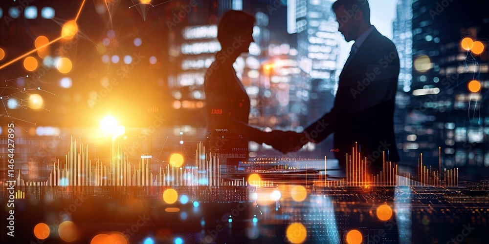 Poster Professional Business Partnership in a Modern Office Setting with Global Financial Data Visualization and Two Silhouetted Colleagues in the Background
