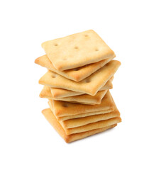 Stack of tasty salty crackers isolated on white