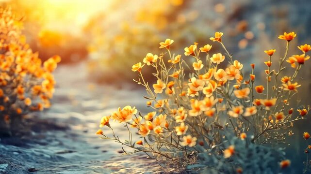 Sunlight graces orange wildflowers by a sandy path in a nature scene