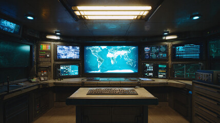 Futuristic Command Center with Global Network System