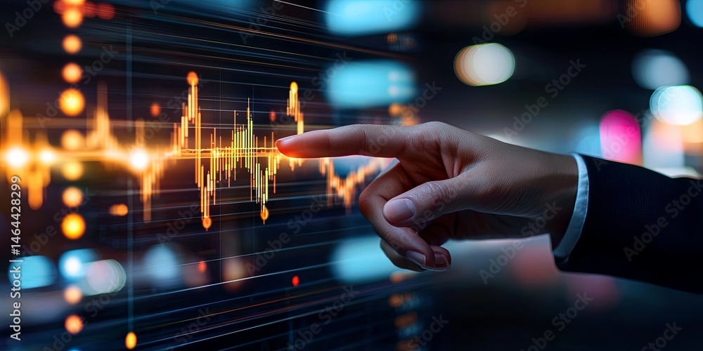 Poster business professional pointing at digital stock market graph with candlestick chart and glowing data