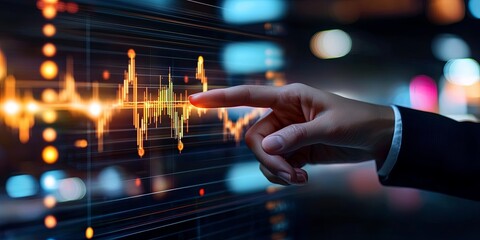 Business professional pointing at digital stock market graph with candlestick chart and glowing data points in modern office setting