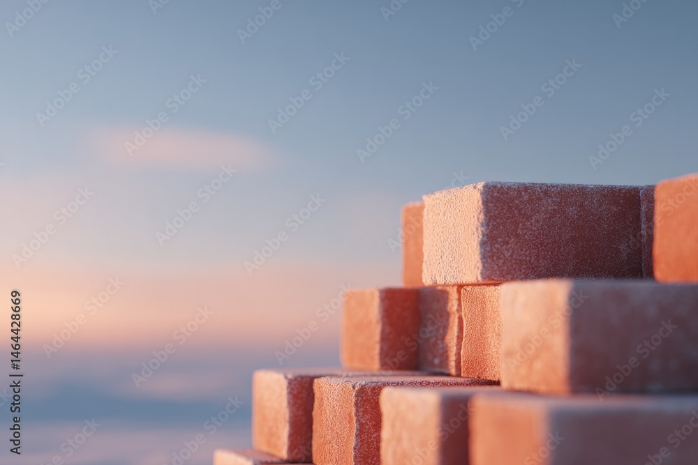 Poster empty construction site with neat stacked pile of red bricks lit by soft sunlight and ample copy spa