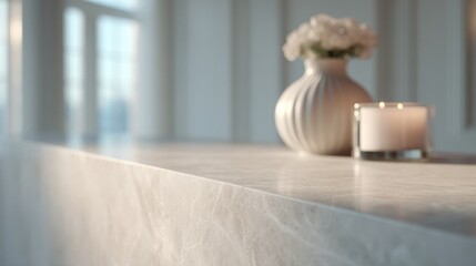 elegant minimalist setting in beauty salon showcasing modern styling tools neatly organized on pristine white marble