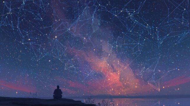 A serene figure contemplates the starry night sky.