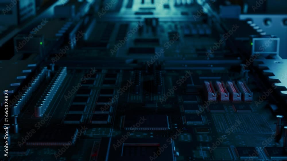 Poster Industrial Robots Producing Circuit Boards on a Conveyor Belt, Implementing Electronic Components. Automation Without Technicians and Engineers in a Futuristic Manufacturing Facility