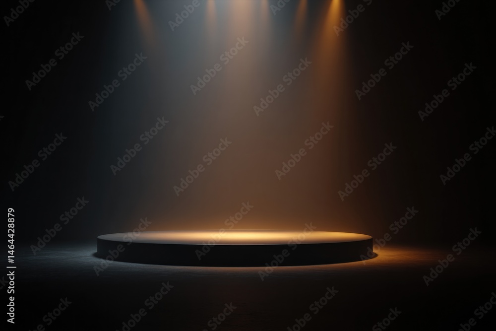 Poster empty stage with sleek platform designed for diverse and inclusive events highlighted by dramatic li