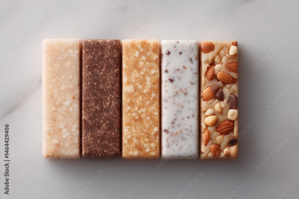 Poster array of energy bars featuring various flavors on pristine white background
