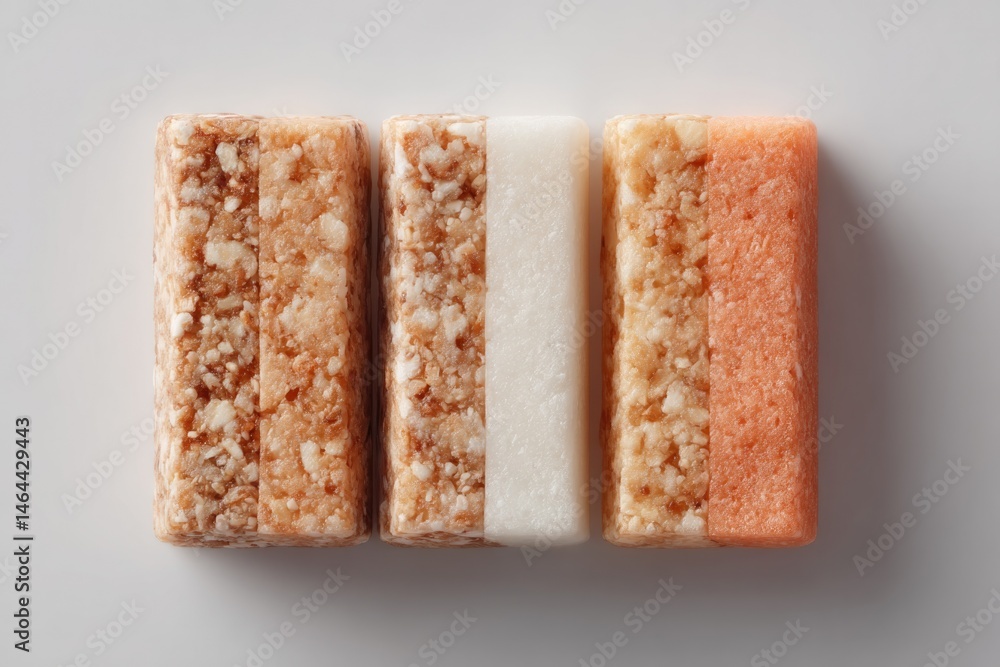 Poster array of energy bars featuring various flavors on pristine white background