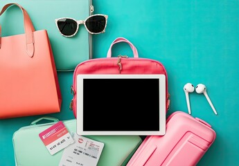 Colorful travel essentials laid out (1)