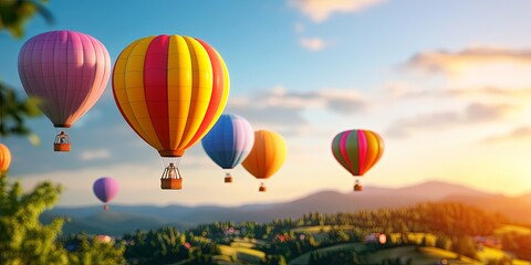 Obraz premium Serene Landscape with Colorful Hot Air Balloons Floating Above Gentle Hills Under Soft Pastel Sky in Dreamy Atmosphere